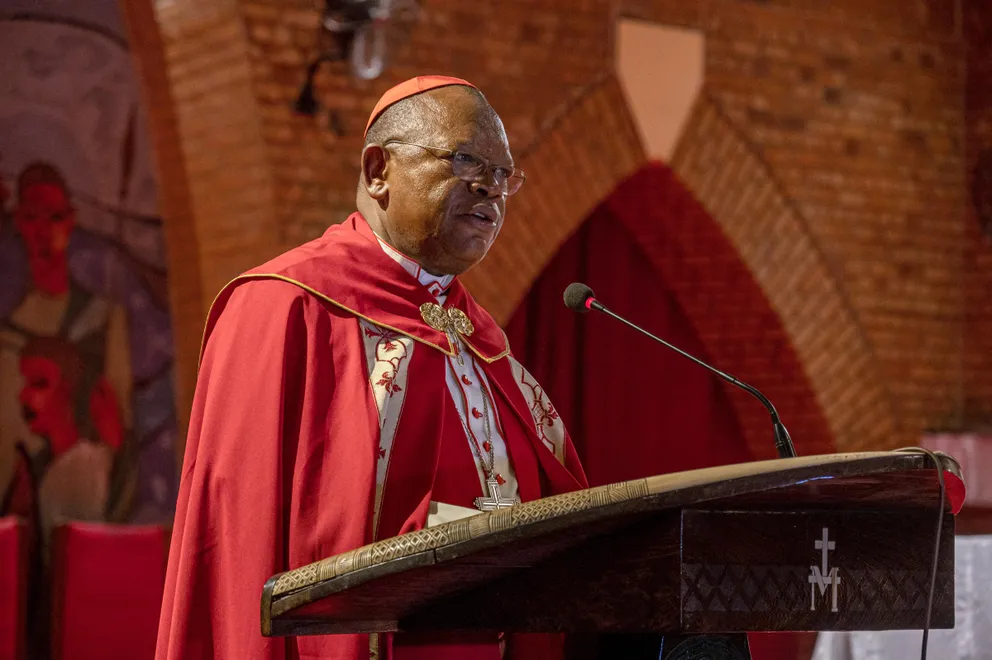 Congolese Cardinal Fridolin Ambongo Besungu speaking during a mass in commemoration of the late Pope Francis at the Notre Dame du Congo Cathedral in Kinshasa on April 21, 2025. | Source: Getty Images