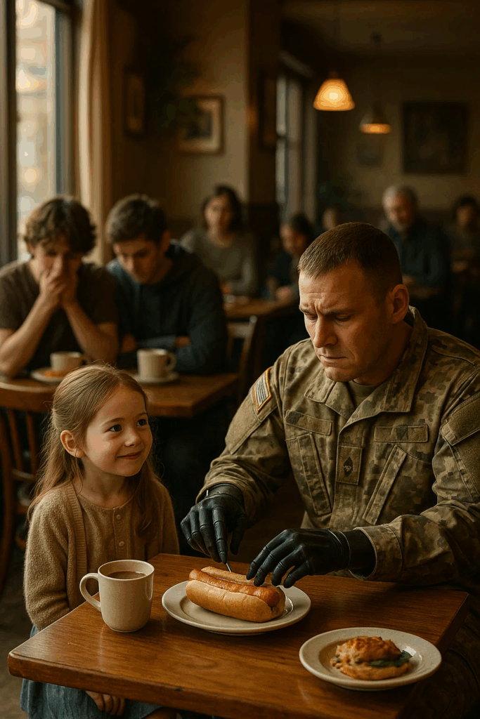 The soldier tried several times, unsuccessfully, to grab his food with his prosthetic hands, causing the teenagers to laugh — but suddenly something happened that made everyone present lower their heads in shame